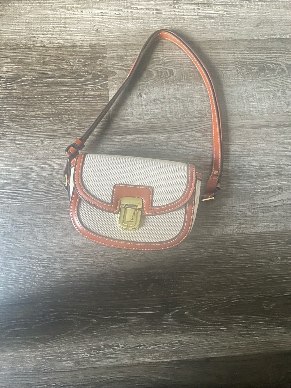 Canvas and Brown Leather Crossbody Bag with Gold Hardware